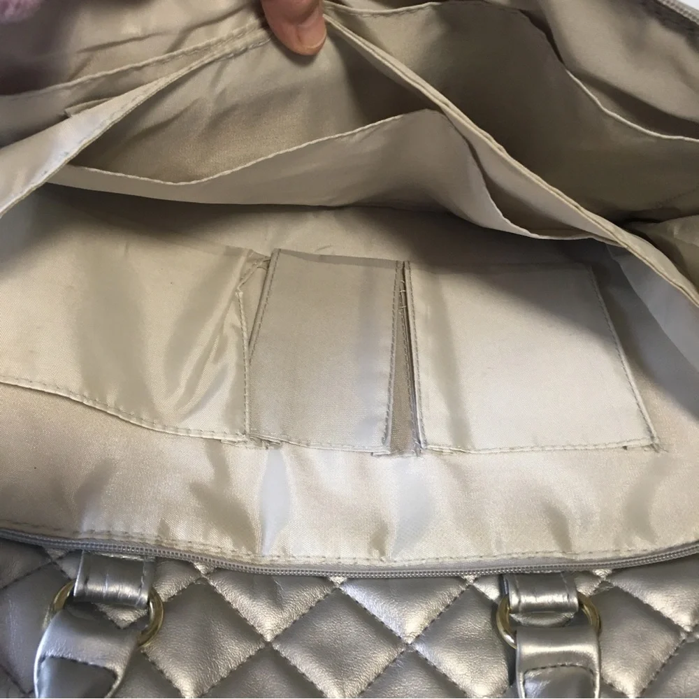 BUENO embellished laptop crossbody metallic bag silver/gray Gold beads SA…